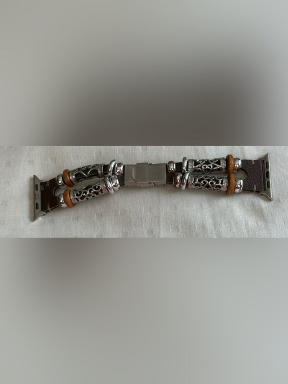 Stainless Steel Brown Leather and Silver Beaded Apple Watch Band Strap